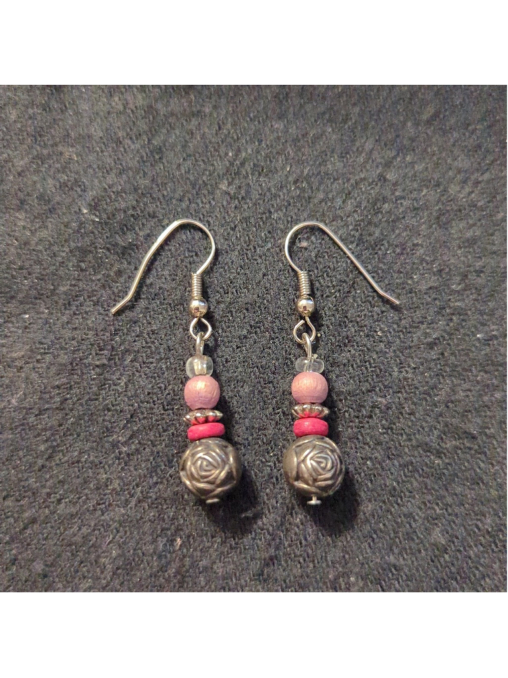 Silver Tone Pink Rose Beaded Dangle Statement Earrings